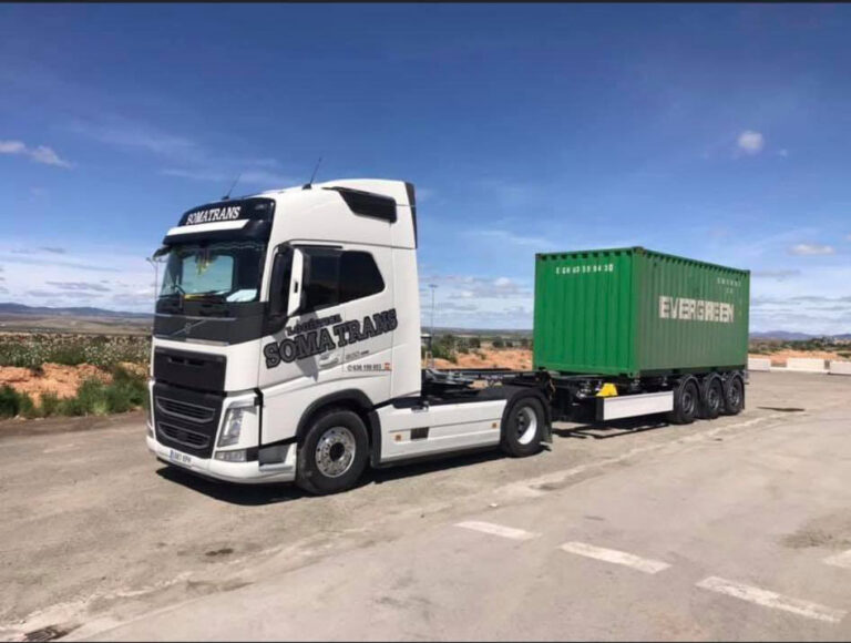 Cabeza tractora blanca de Somatrans con contenedor verde