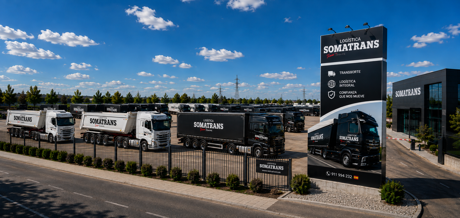 Instalaciones de Logística Somatrans con tótem corporativo y flota de camiones
